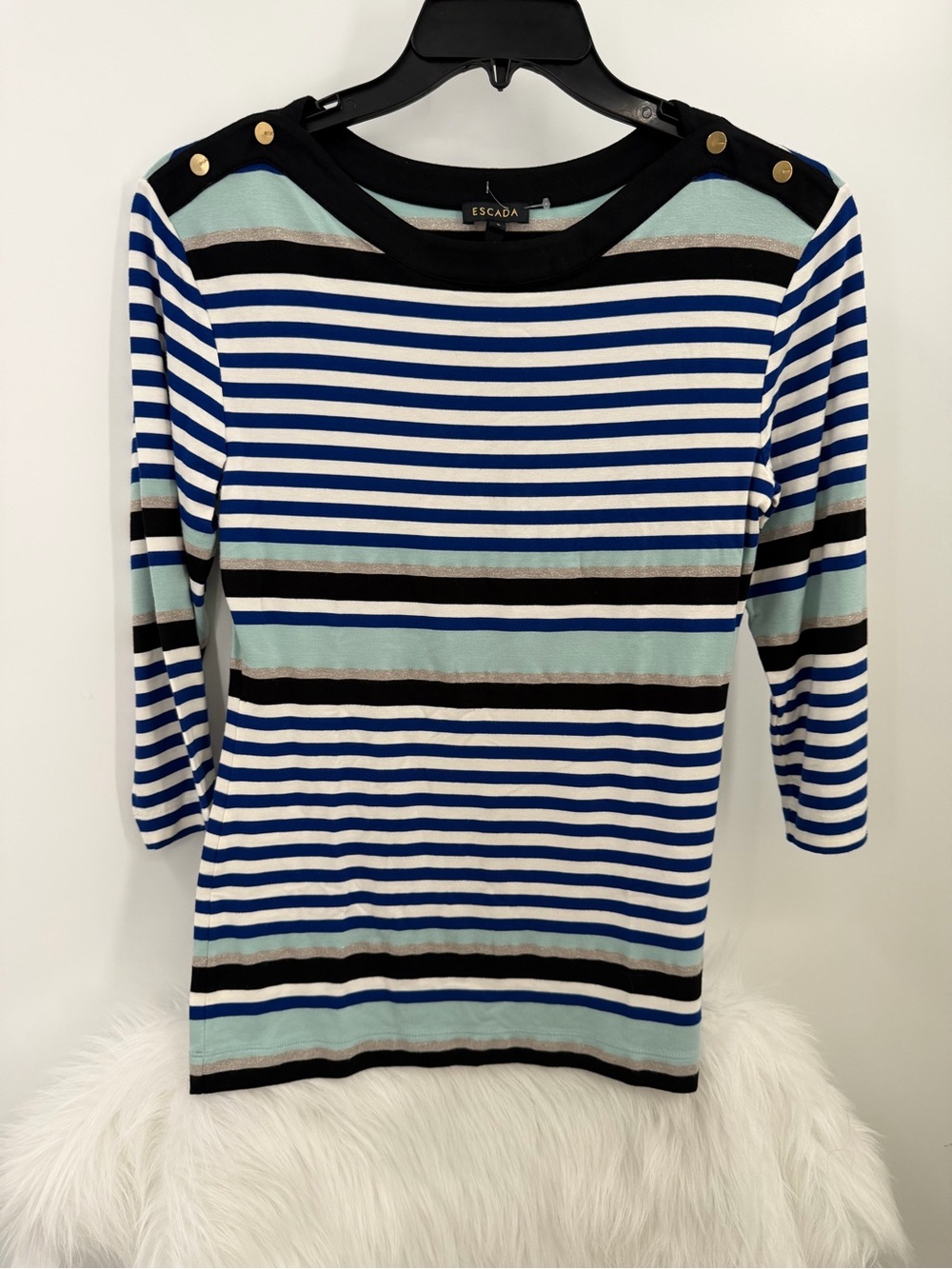 Escada Blue & White Striped Boatneck Top, size Small, Like New!! - Picture 2 of 9